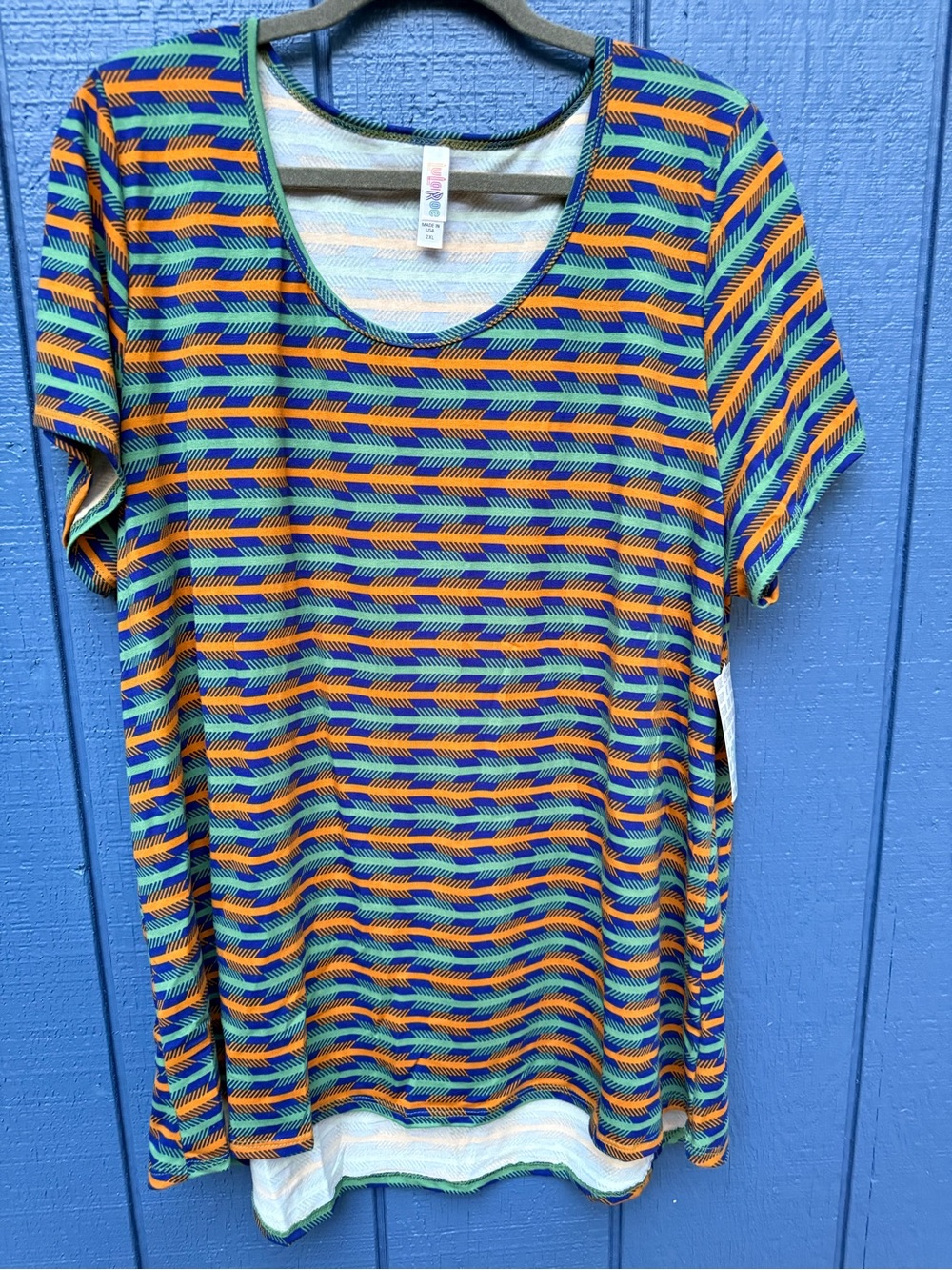 LuLaRoe Short Sleeve Tee in Blue, Orange & Green Arrow Stripe